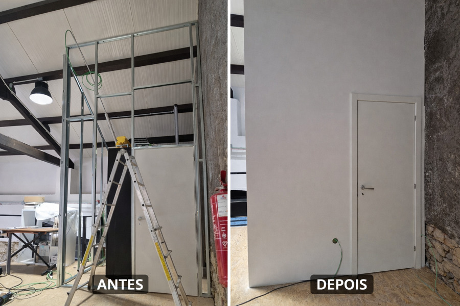 Montagem de parede em pladur com acabamento final (antes e depois)