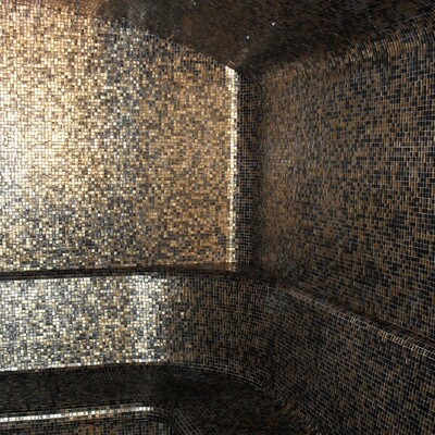 Banho Turco de luxo em Monte Gordo (Algarve) com assentos ergonómicos em pastilha Onix Gold e junta Weber.