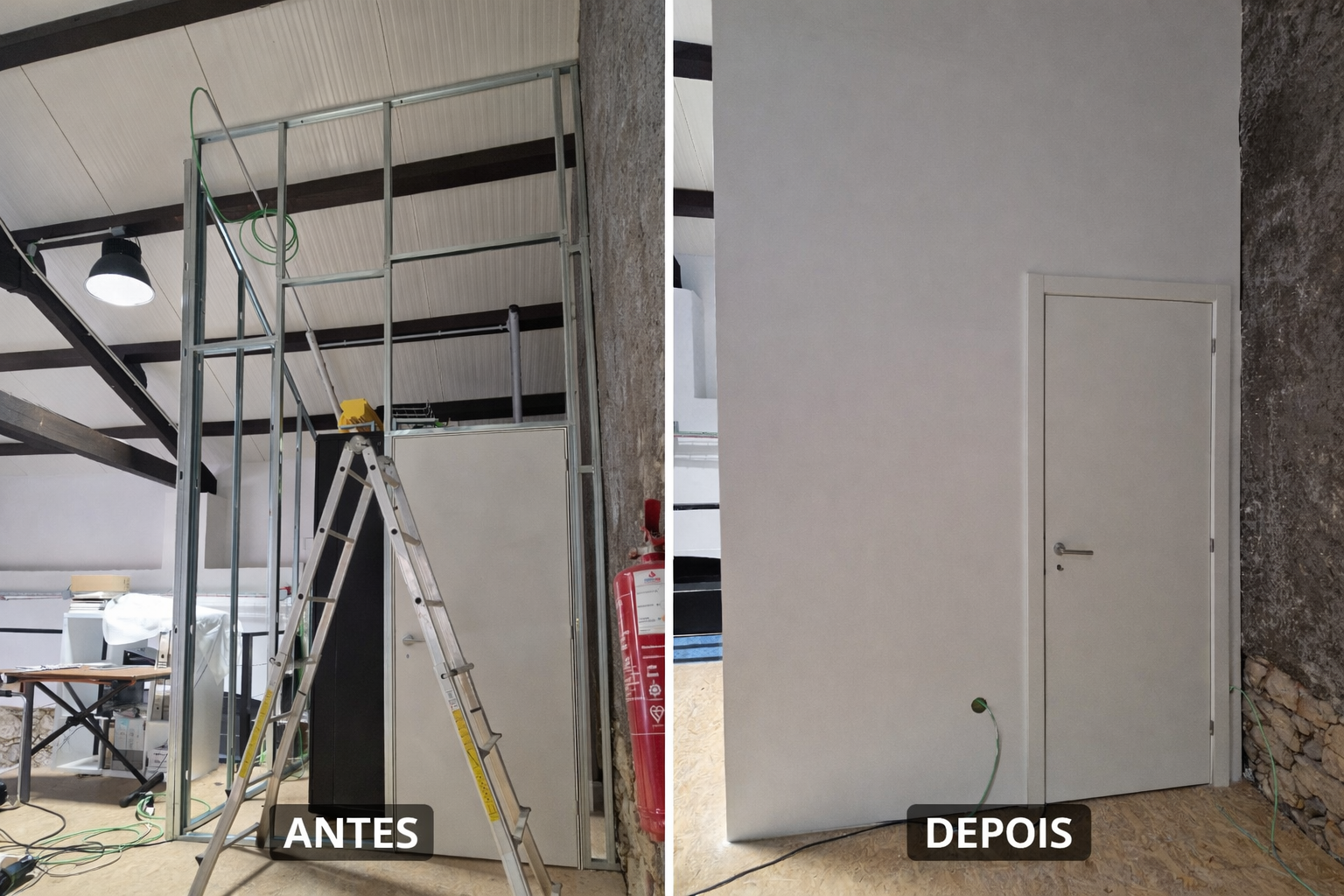 Montagem de parede em pladur com acabamento final (antes e depois)