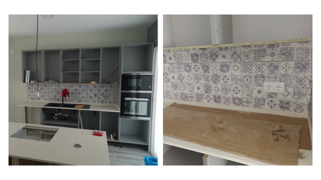 Aplicação de cozinha/armários e cerâmica entre moveis